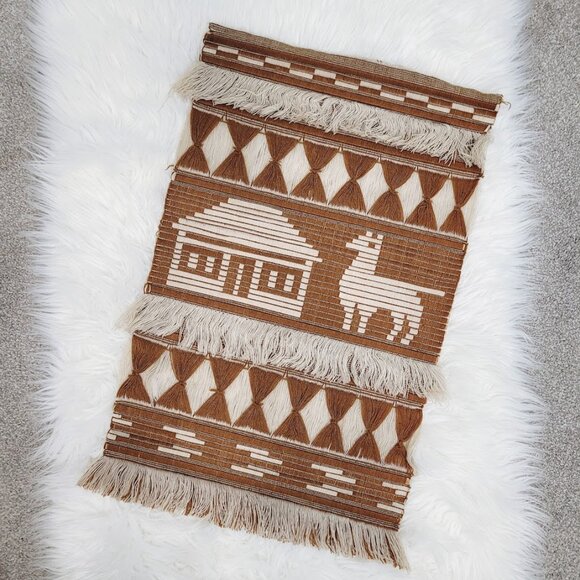 Llama Alpaca Hand Woven Brown‎ Fringe Knit Boho Artwork Tapestry Tan Wall Art - Picture 1 of 6